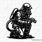 firefighter holding hose surrounded by flames action design for decals apparel and firefighter themed projects