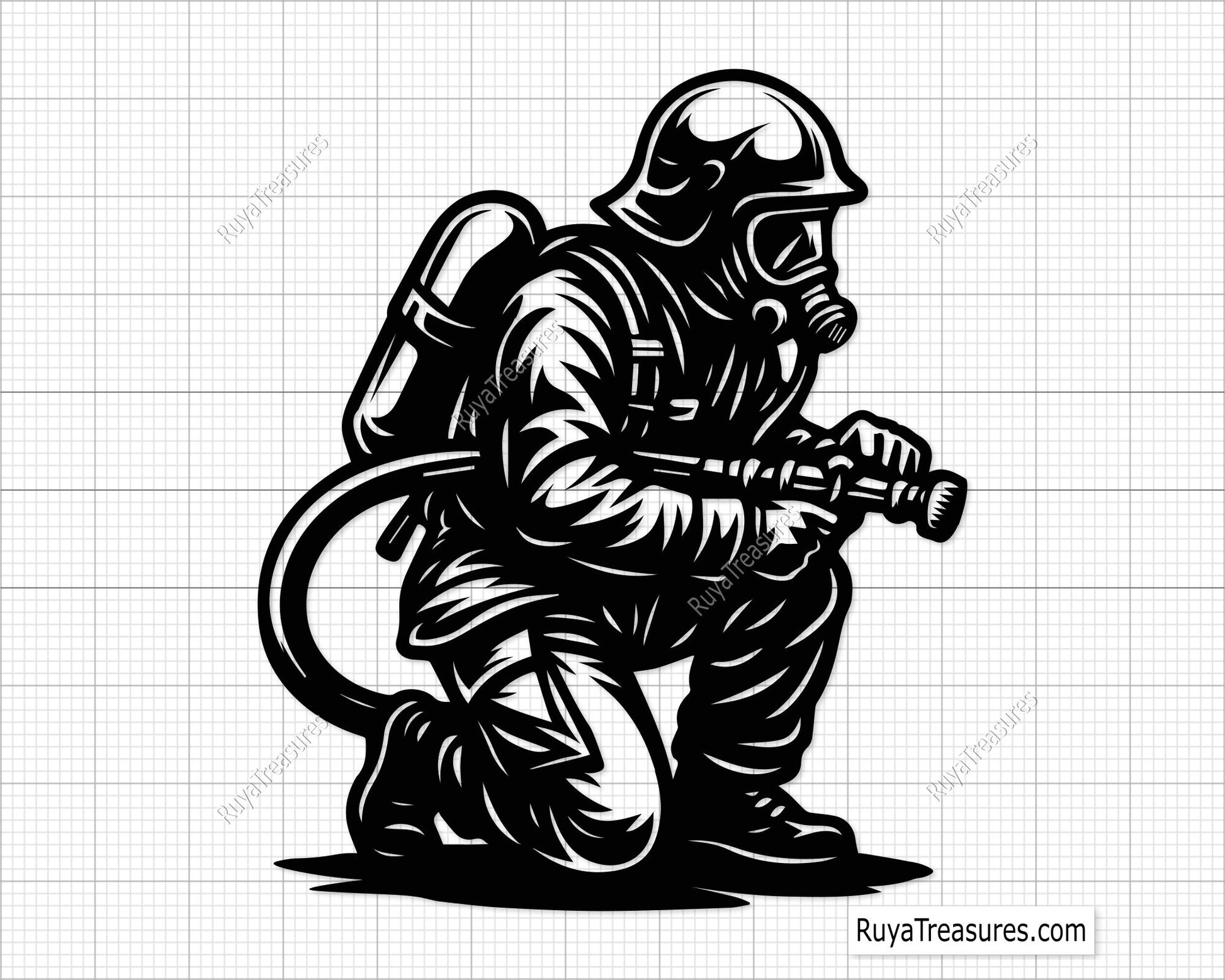 firefighter holding hose surrounded by flames action design for decals apparel and firefighter themed projects