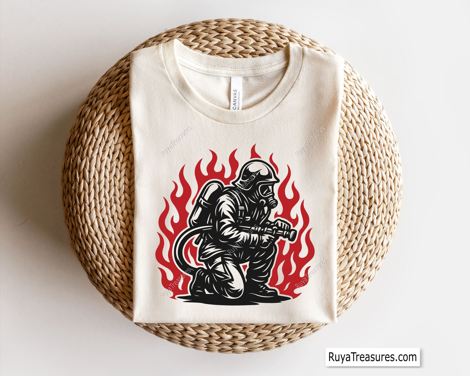 firefighter holding hose surrounded by flames action design for decals apparel and firefighter themed projects