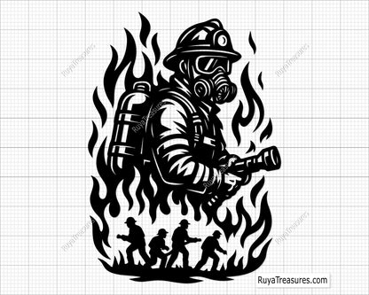 firefighter with flames holding flashlight with team silhouettes design for decals apparel and firefighter themed projects