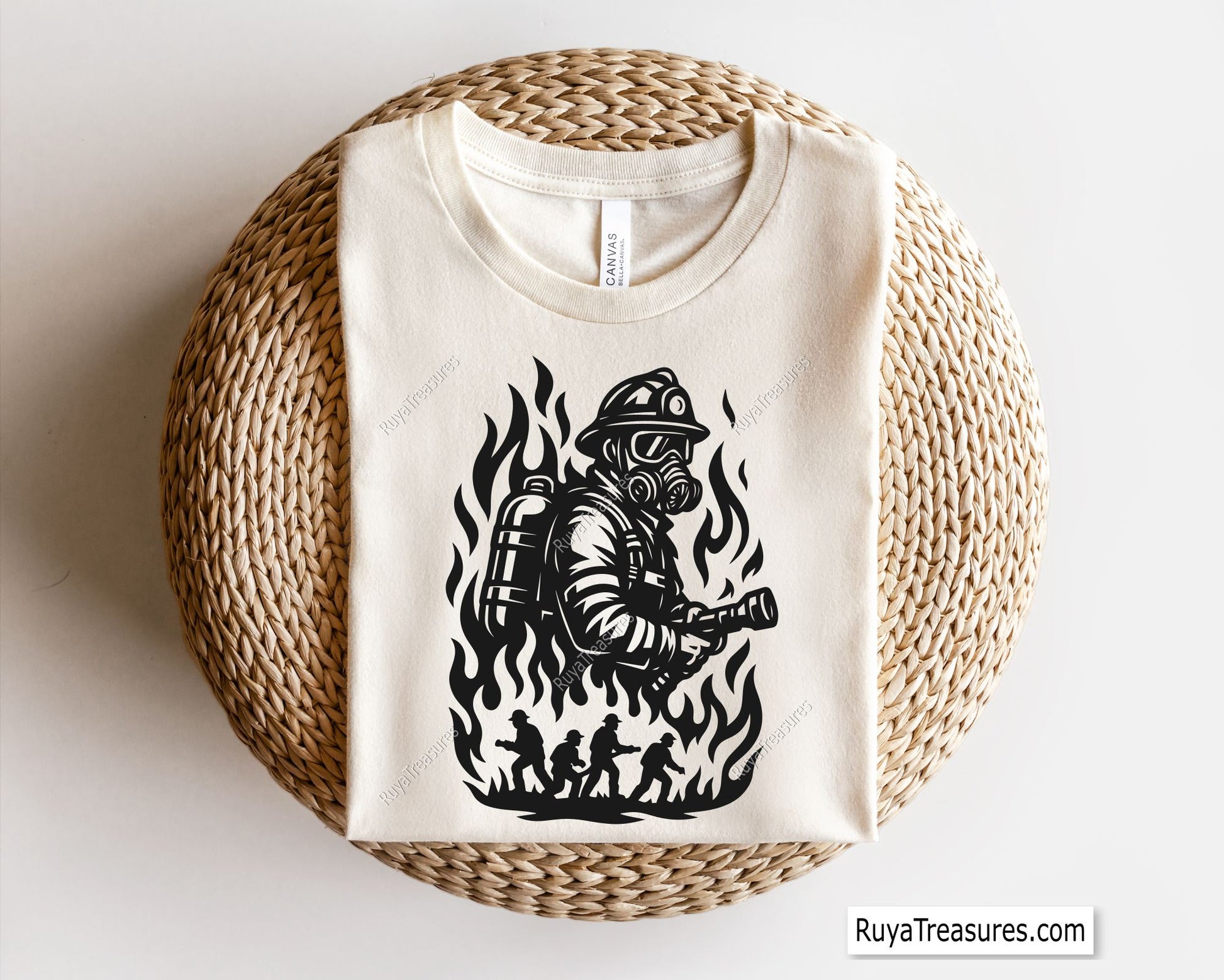 firefighter with flames holding flashlight with team silhouettes design for decals apparel and firefighter themed projects