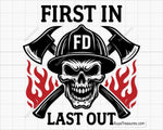 first in last out firefighter skull with helmet axes and flames design for decals apparel and firefighter themed projects