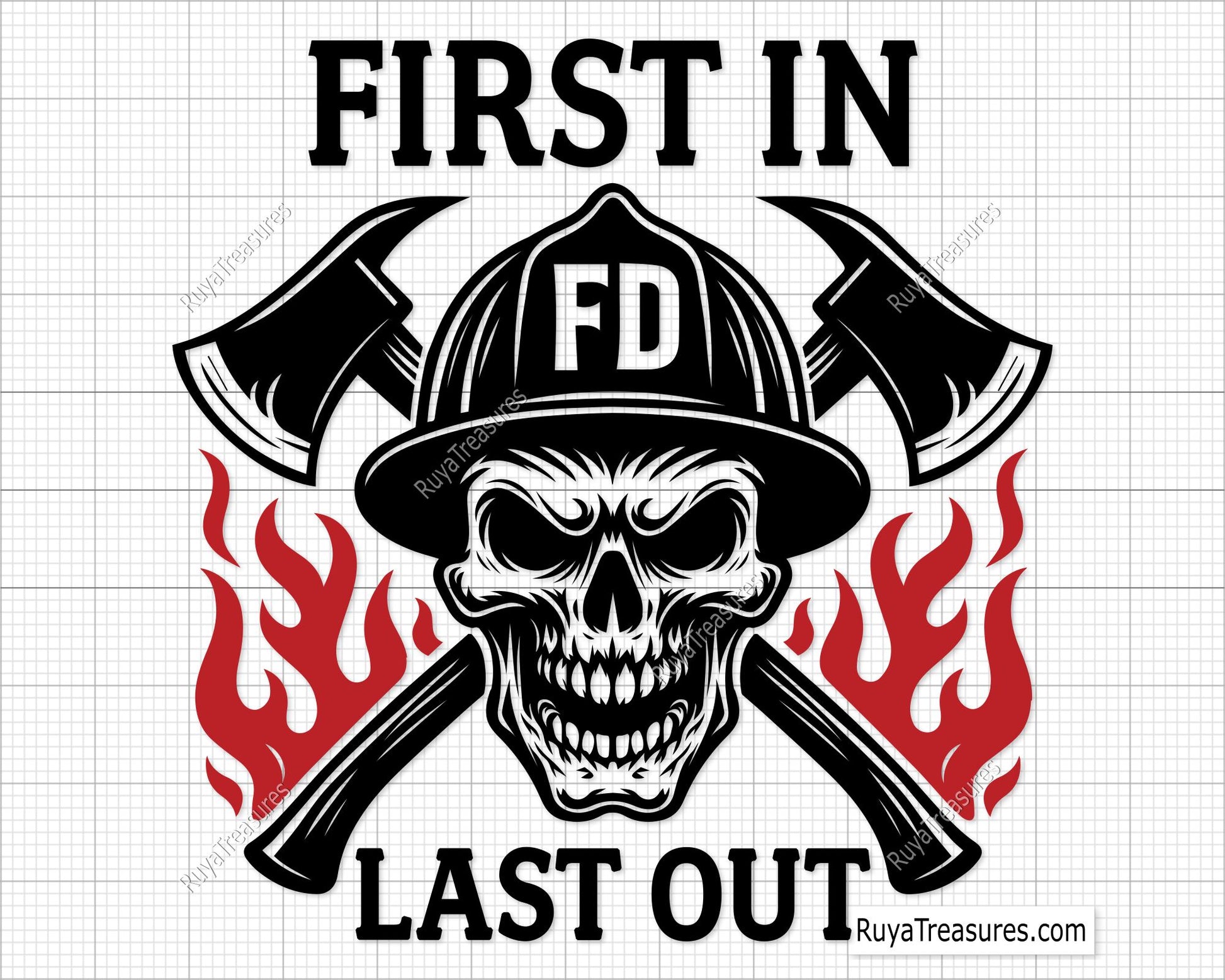first in last out firefighter skull with helmet axes and flames design for decals apparel and firefighter themed projects