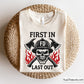 first in last out firefighter skull with helmet axes and flames design for decals apparel and firefighter themed projects