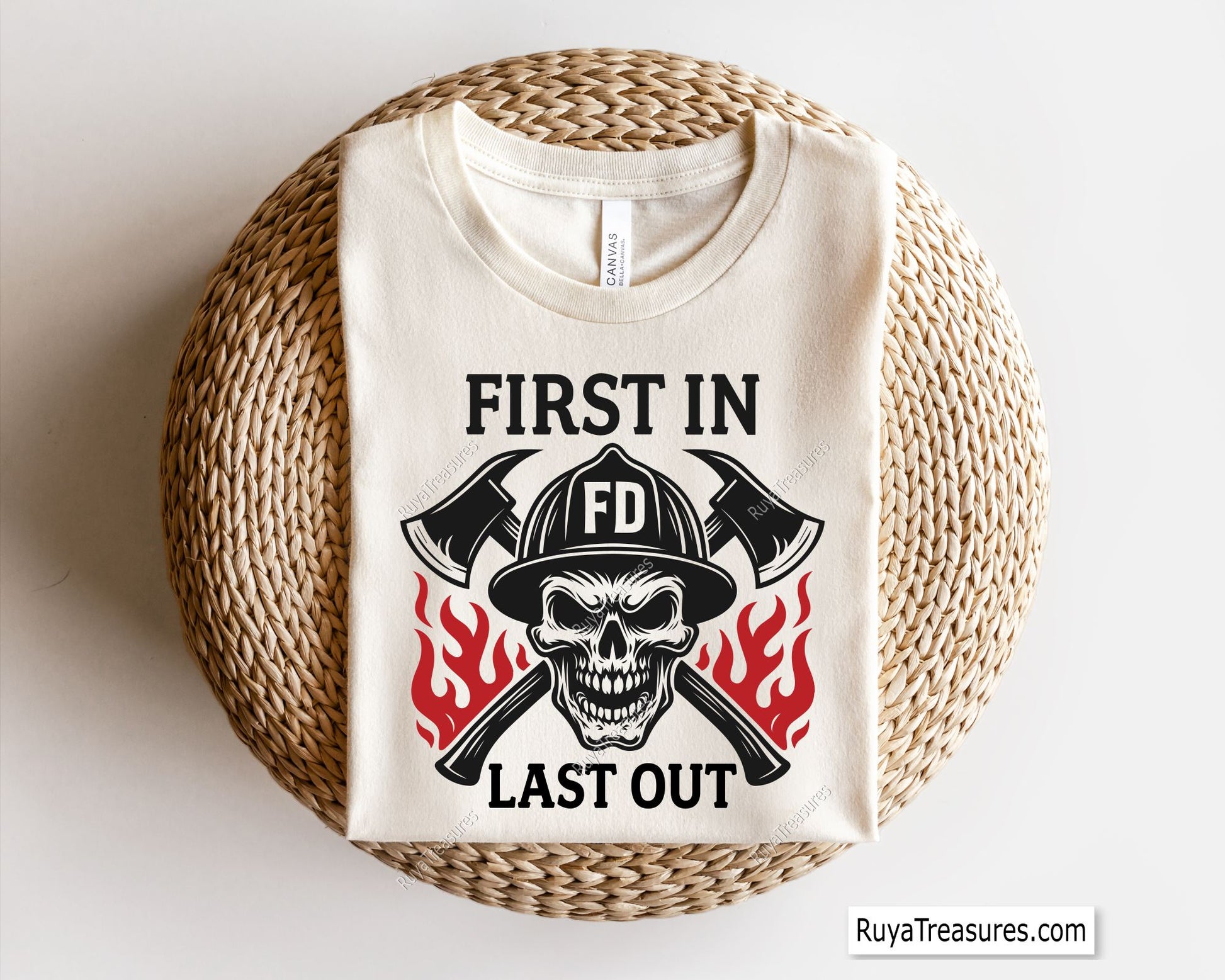 first in last out firefighter skull with helmet axes and flames design for decals apparel and firefighter themed projects