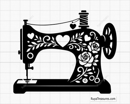 floral sewing machine SVG PNG featuring vintage sewing machine with roses hearts and decorative patterns for shirts decals and craft projects