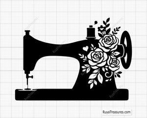 rose sewing machine SVG PNG featuring vintage sewing machine with floral rose patterns for shirts decals and craft projects