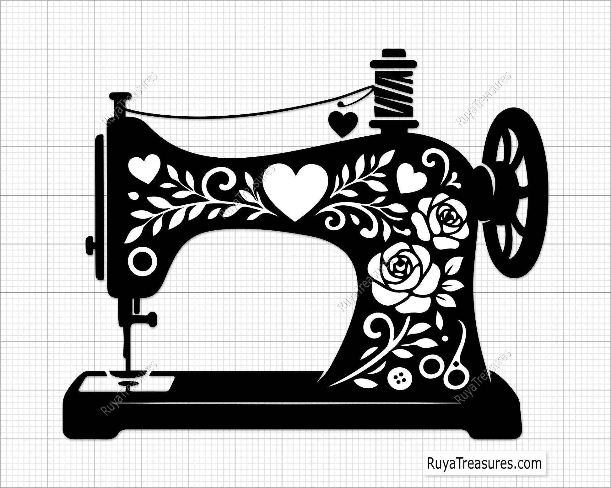 floral sewing machine SVG PNG featuring vintage sewing machine with roses hearts and decorative patterns for shirts decals and craft projects