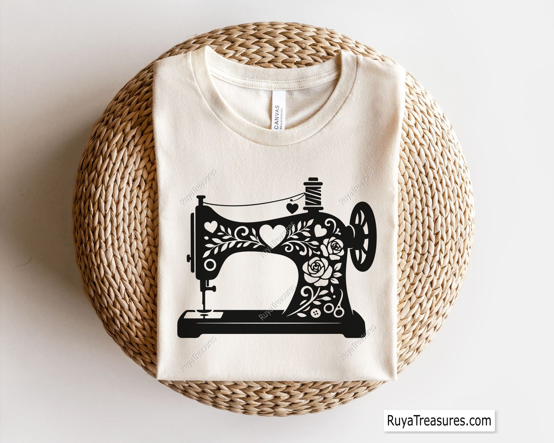 floral sewing machine SVG PNG featuring vintage sewing machine with roses hearts and decorative patterns for shirts decals and craft projects
