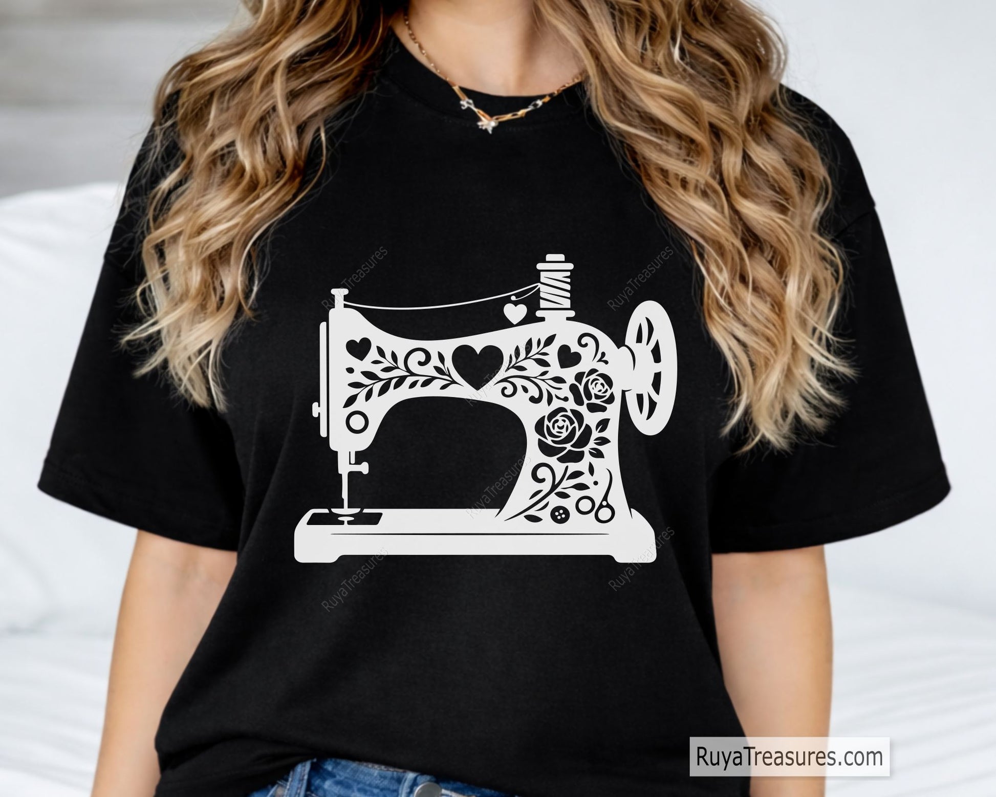 floral sewing machine SVG PNG featuring vintage sewing machine with roses hearts and decorative patterns for shirts decals and craft projects