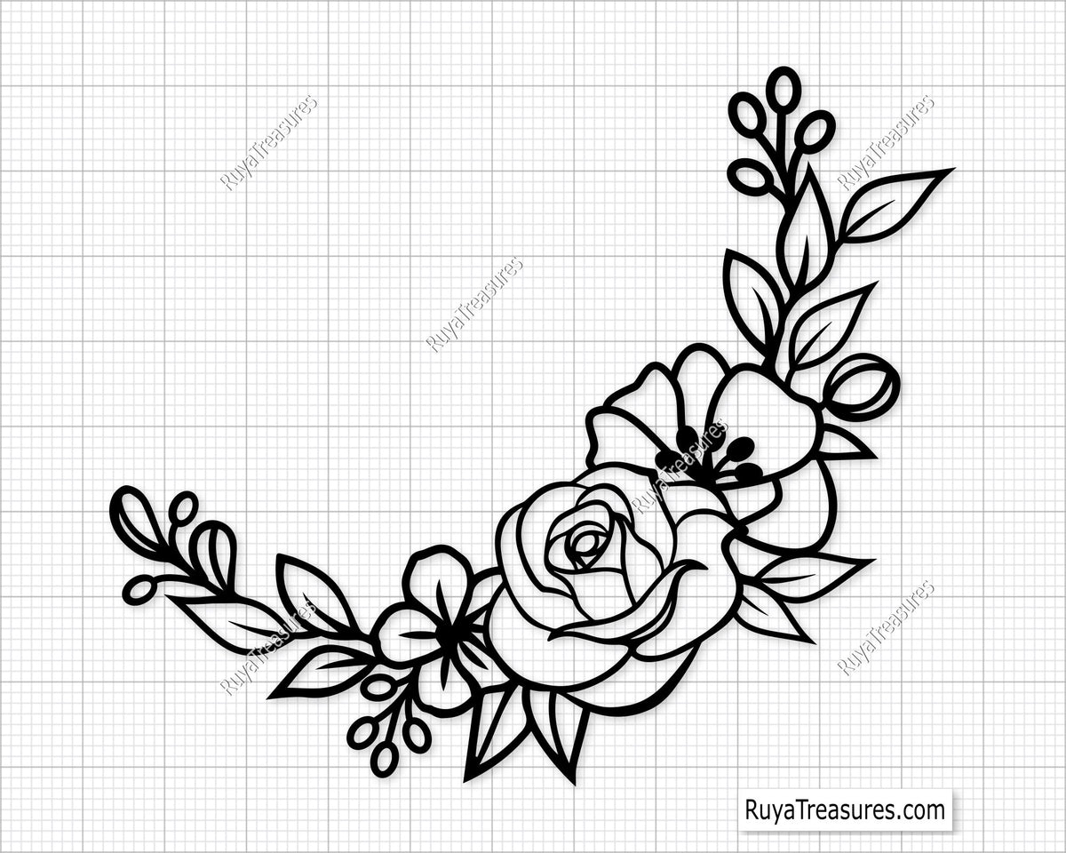 A digital image of a floral wreath design, consisting of outlines of flowers and leaves, intended for use as a vector graphics file in various crafting projects.