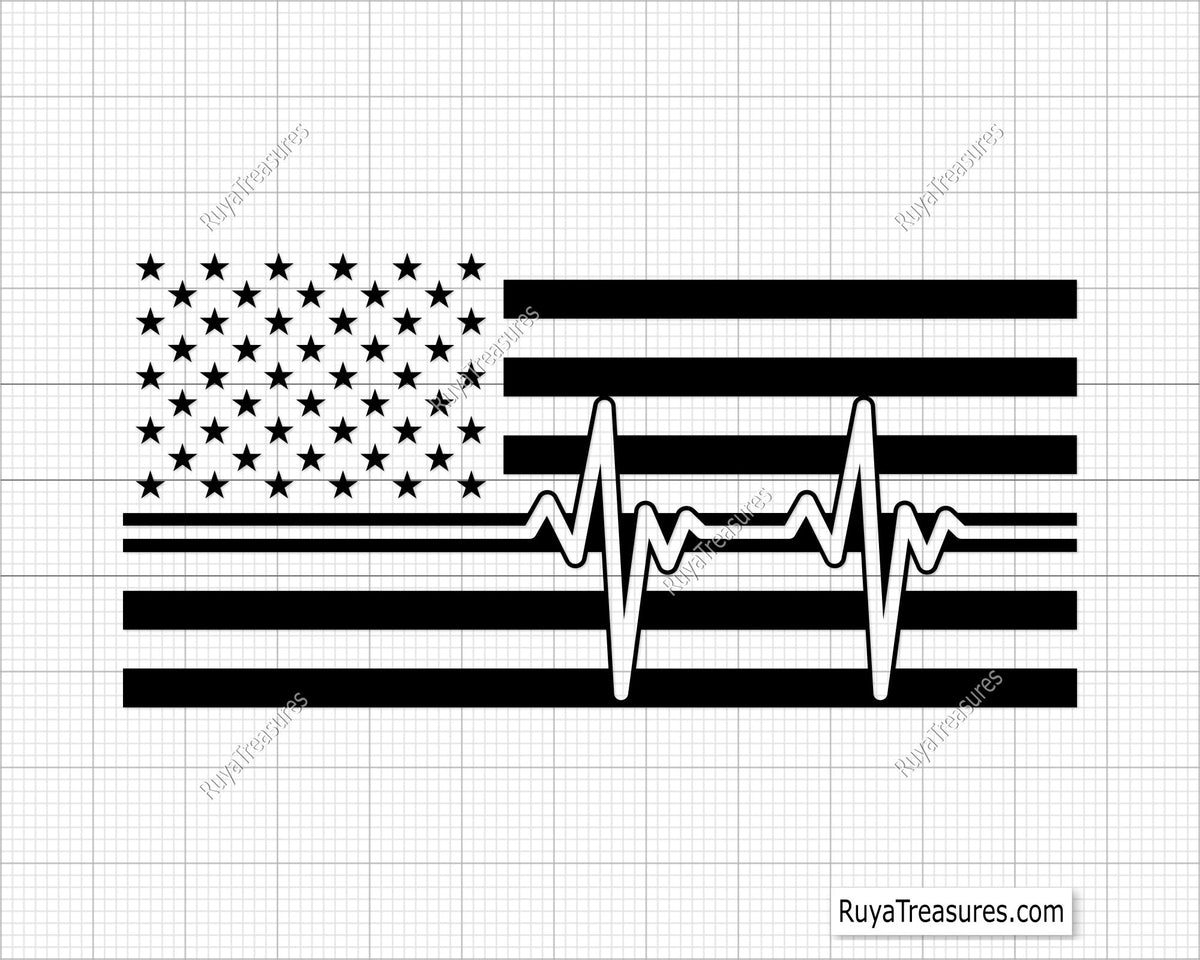 Free Download of a graphic SVG design of the American flag with a heartbeat line pattern overlay.
