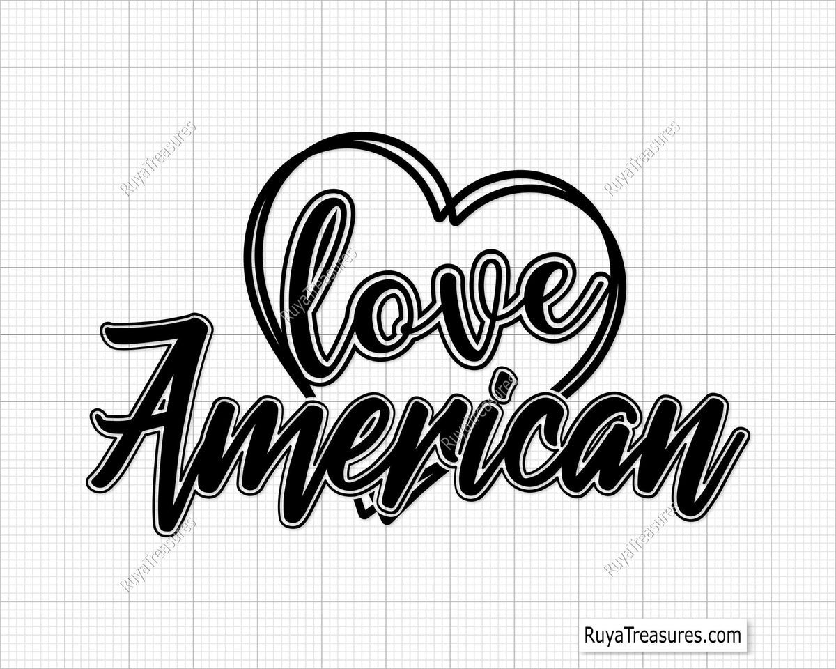 A free graphic SVG design of the phrase 'Love American' with a heart symbolizing patriotism, intended for use in various crafting projects.