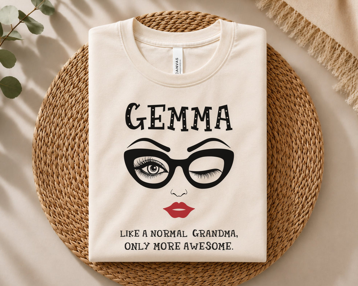 Funny grandma quote cut file with chic glasses, eyelashes, red lips, and the phrase Gemma Like A Normal Grandma Only More Awesome for apparel, decals, and gifts.