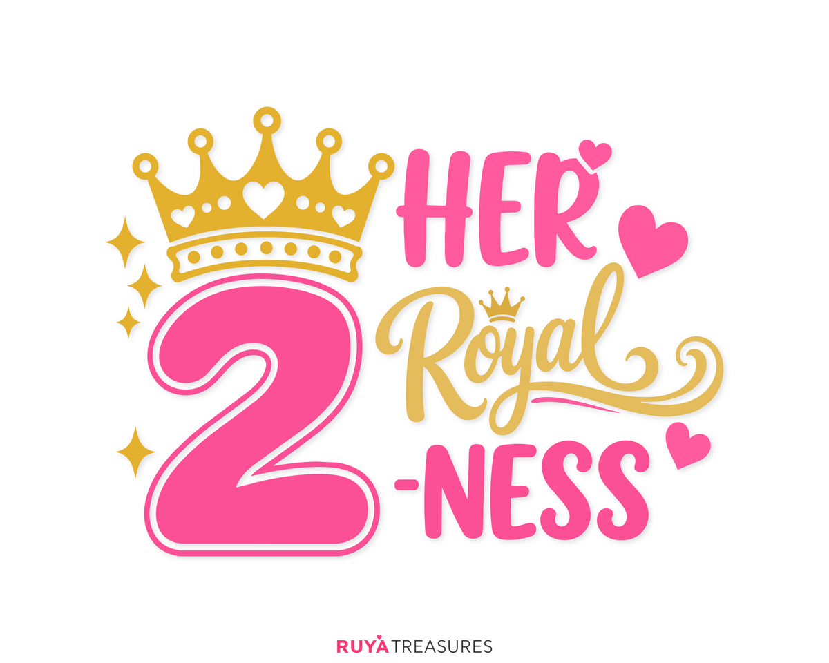 2nd birthday princess design featuring a crowned number 2, pink hearts, gold accents, and playful royal lettering for shirts, printables, party decor, and crafts.
