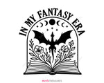 In My Fantasy Era dragon design, flying dragon above an open floral book with moon phases and stars, fantasy readers, shirts and bookish gifts.
