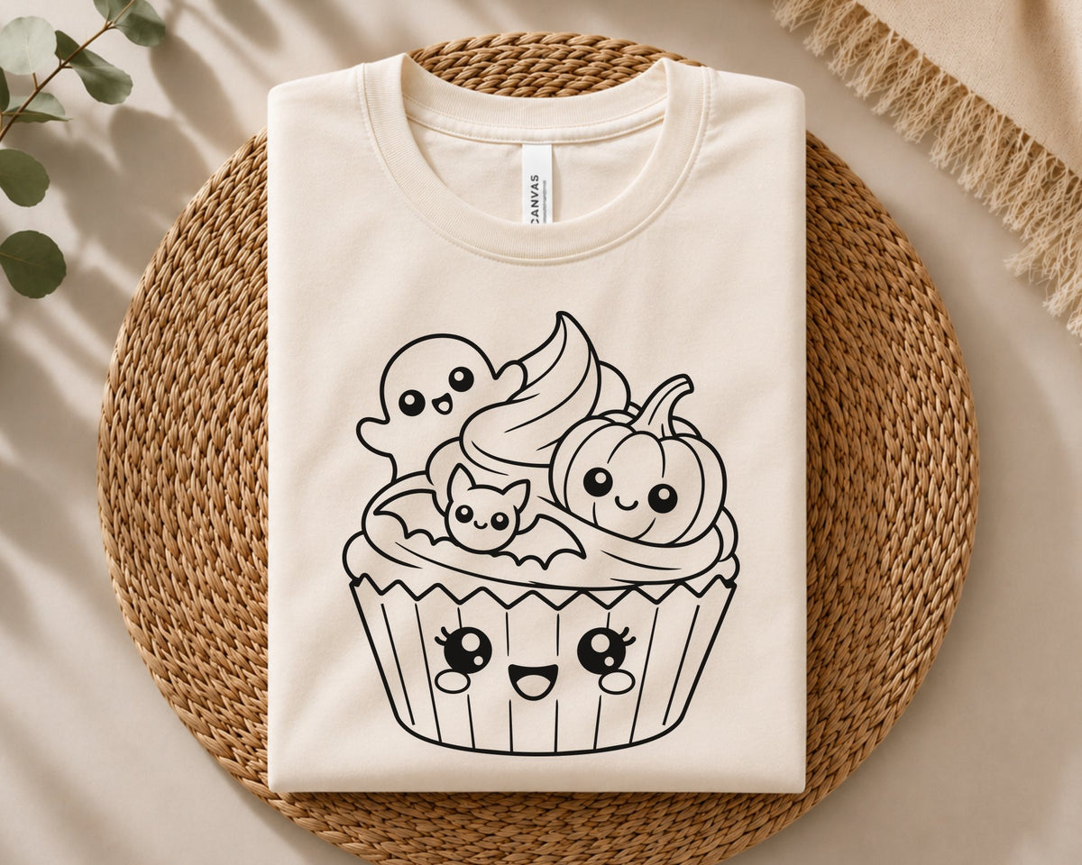Cute spooky cupcake cut file with Halloween ghost, pumpkin, bat, and kawaii faces, ideal for Cricut crafts, decals, printables, party decor, and DIY projects.