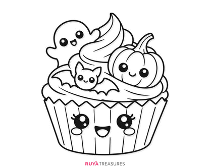 Kawaii Halloween cupcake SVG PNG featuring a smiling cupcake topped with frosting, a cute ghost, pumpkin, bat, and playful spooky details for shirts and crafts.