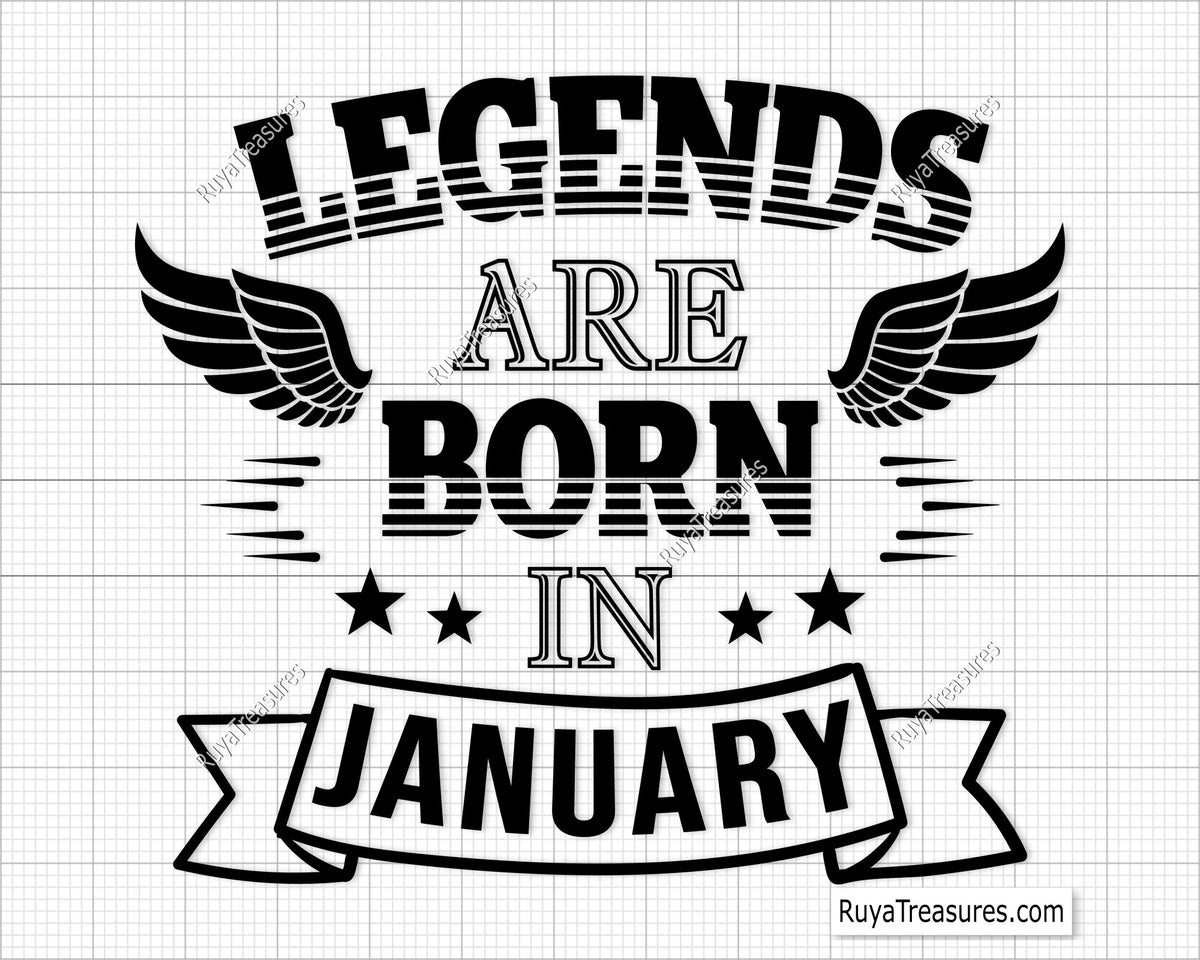 A digital image of a design containing text 'LEGENDS ARE BORN IN JANUARY' surrounded by graphic elements like wings and stars, typically used for custom printing on items such as t-shirts or mugs.