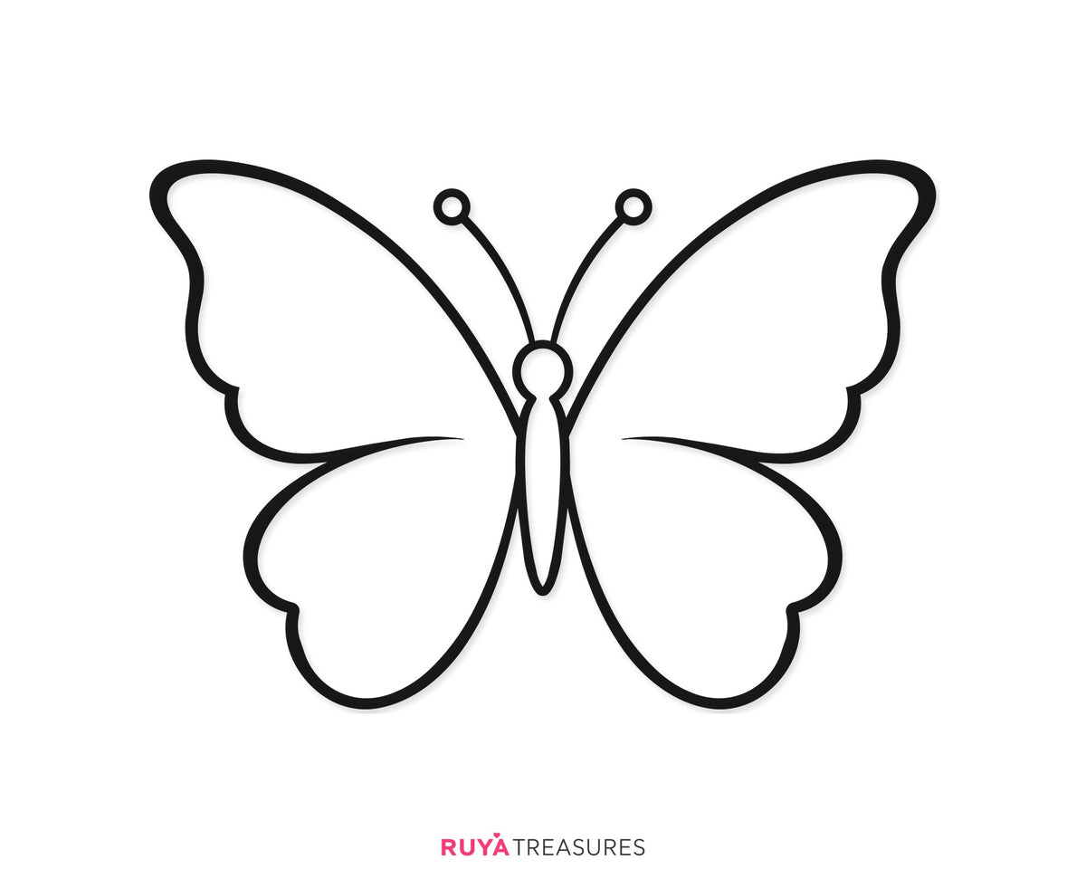Minimalist butterfly outline SVG PNG with clean symmetrical wings, simple antennae, and bold black lines for shirts, decals, printables, and craft projects.