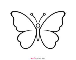 Minimalist butterfly outline SVG PNG with clean symmetrical wings, simple antennae, and bold black lines for shirts, decals, printables, and craft projects.