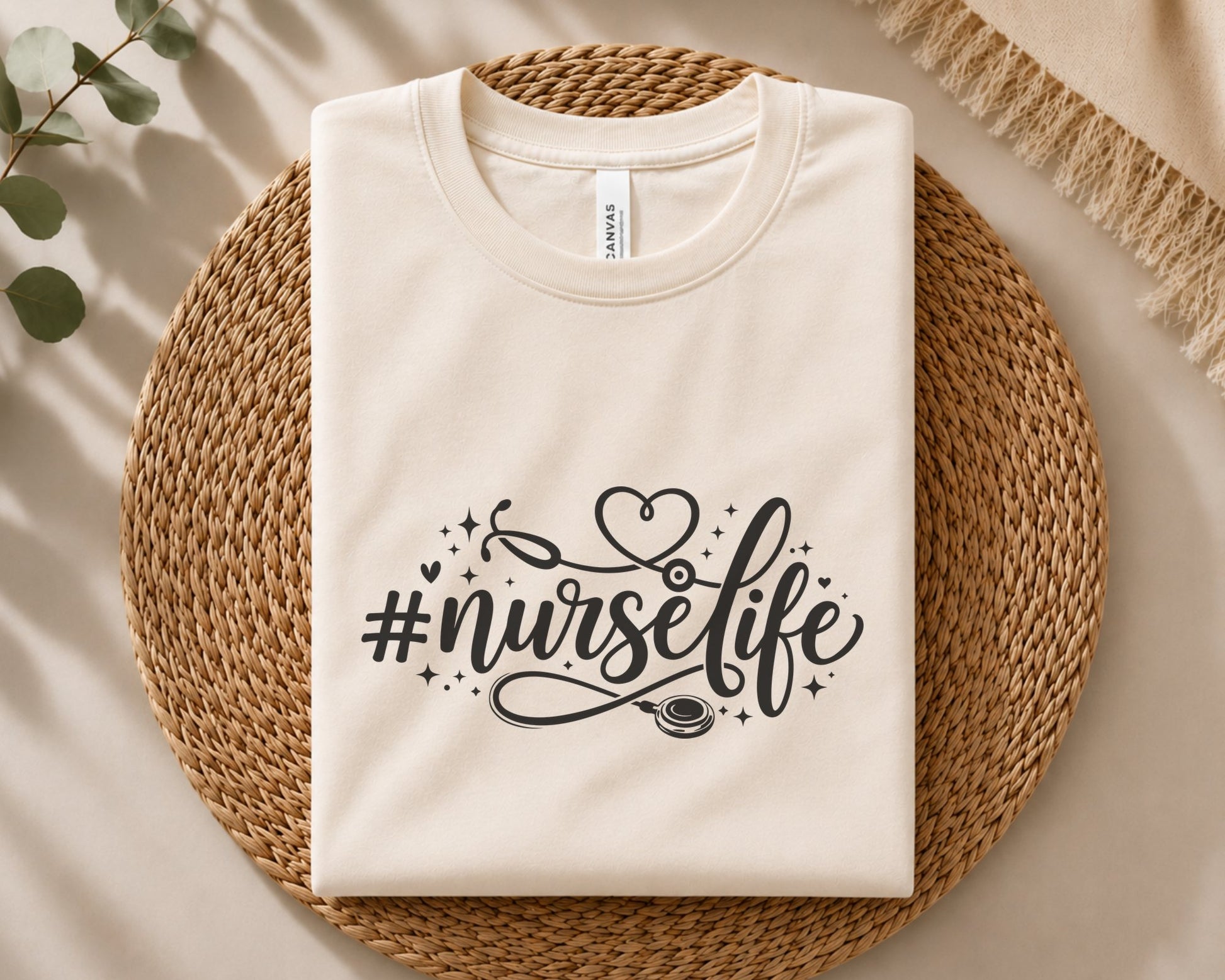 Modern nurse quote artwork with bold Nurse Life lettering, heart shaped stethoscope and decorative sparkles in a clean black design.