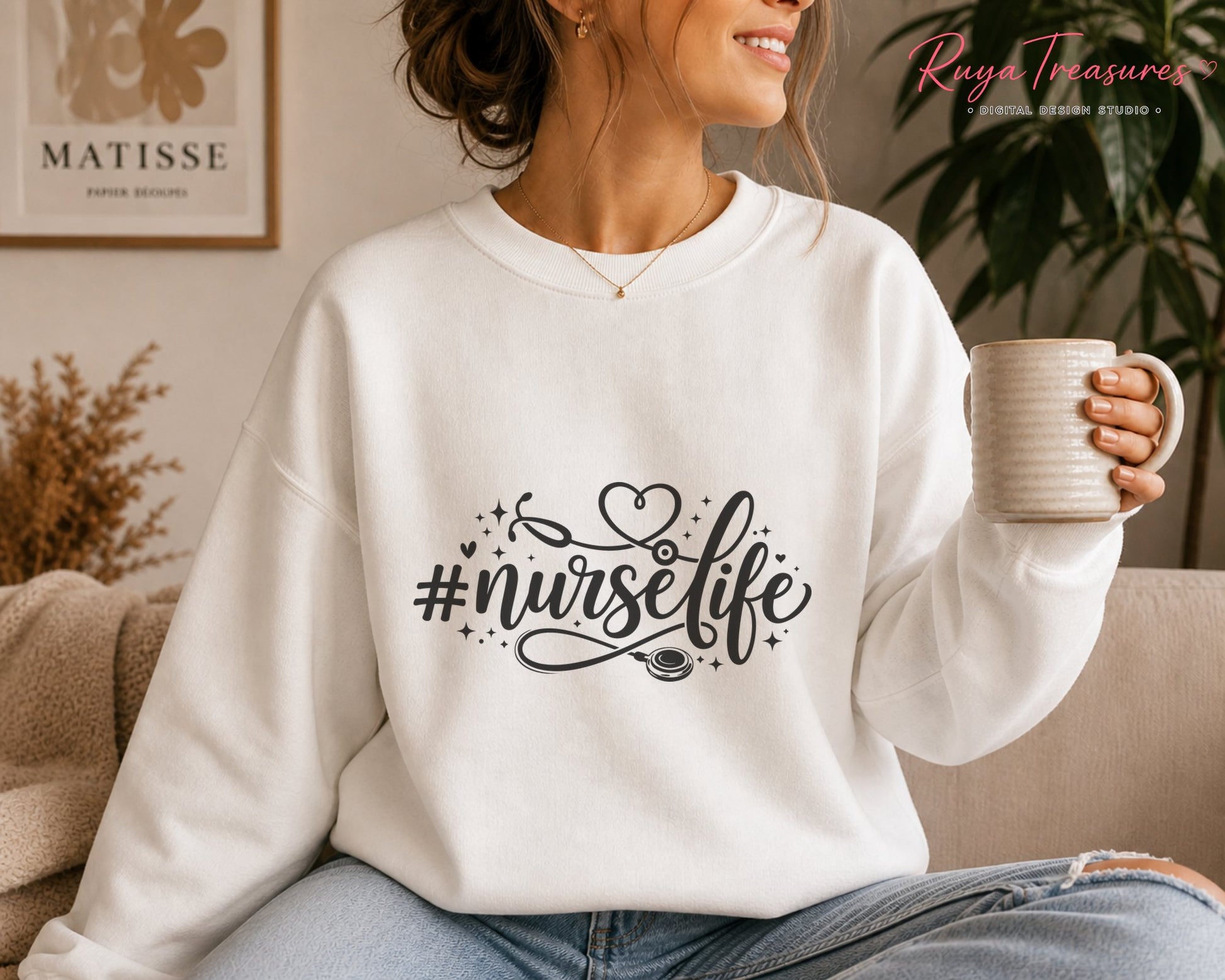 Modern nurse quote artwork with bold Nurse Life lettering, heart shaped stethoscope and decorative sparkles in a clean black design.