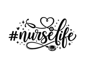 Modern nurse quote artwork with bold Nurse Life lettering, heart shaped stethoscope and decorative sparkles in a clean black design.