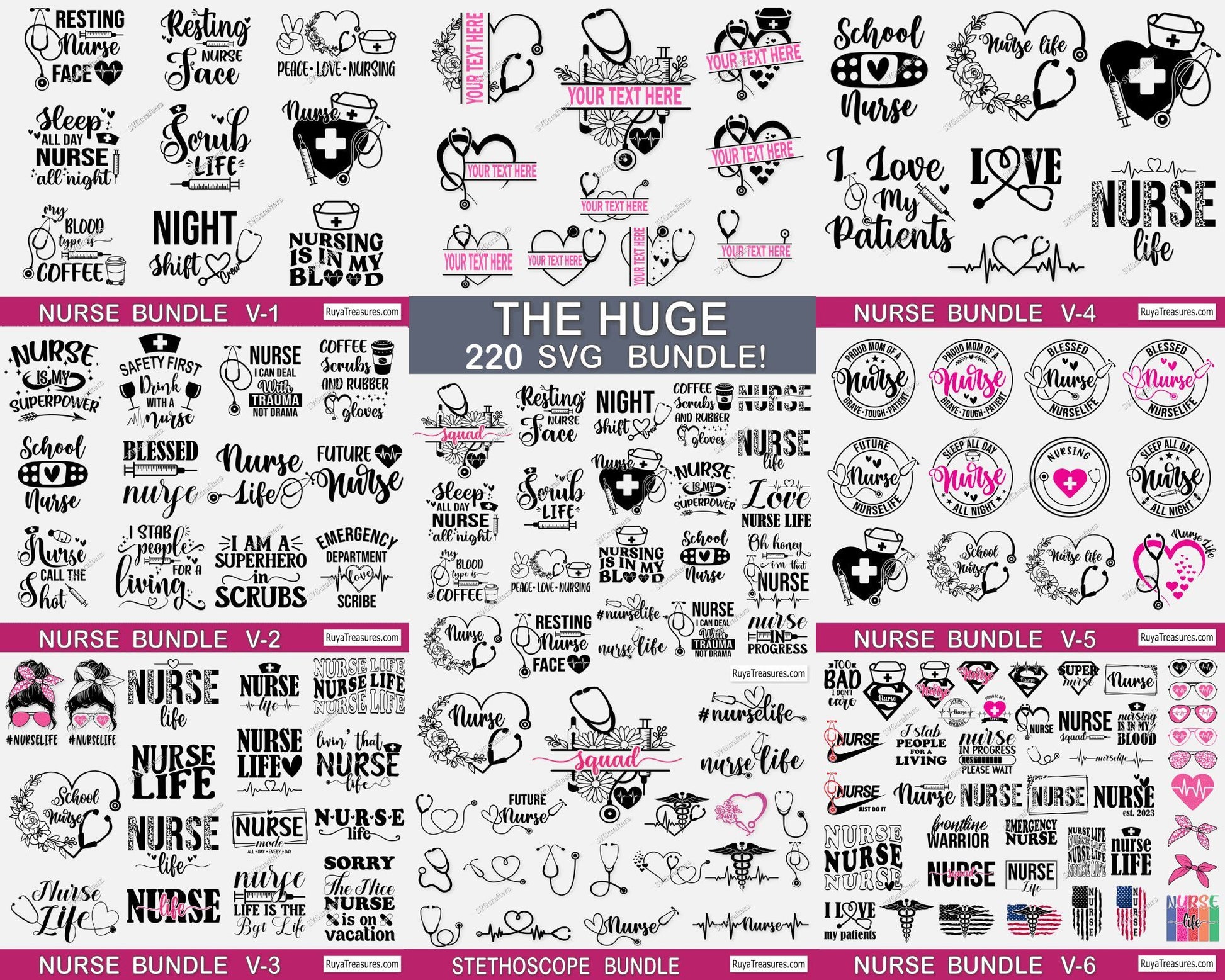 Large nurse bundle SVG PNG featuring nurse life quotes, medical icons, stethoscope designs and healthcare themed graphics for shirts and decals