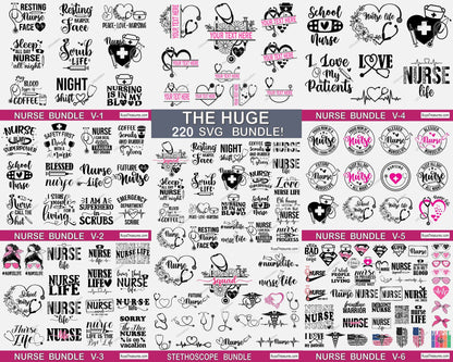 Large nurse bundle SVG PNG featuring nurse life quotes, medical icons, stethoscope designs and healthcare themed graphics for shirts and decals