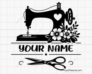personalized sewing machine SVG PNG featuring floral sewing design with custom name space and scissors for shirts decals and gifts