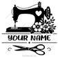 personalized sewing machine SVG PNG featuring floral sewing design with custom name space and scissors for shirts decals and gifts