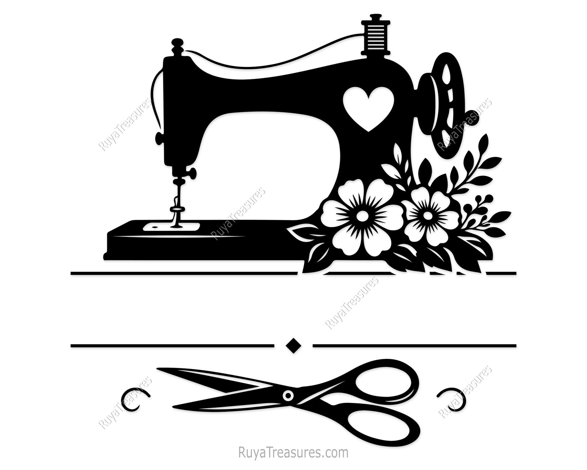 personalized sewing machine SVG PNG featuring floral sewing design with custom name space and scissors for shirts decals and gifts