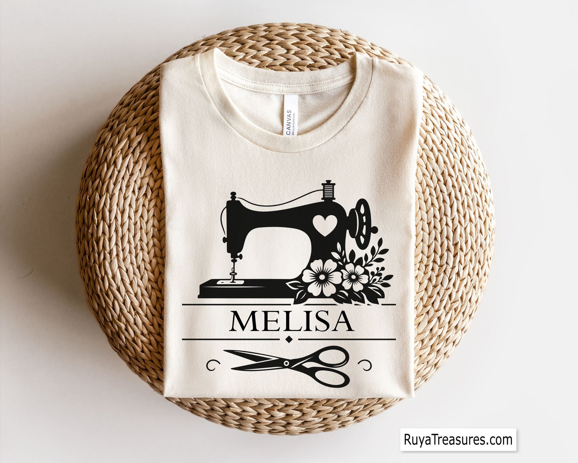 personalized sewing machine SVG PNG featuring floral sewing design with custom name space and scissors for shirts decals and gifts