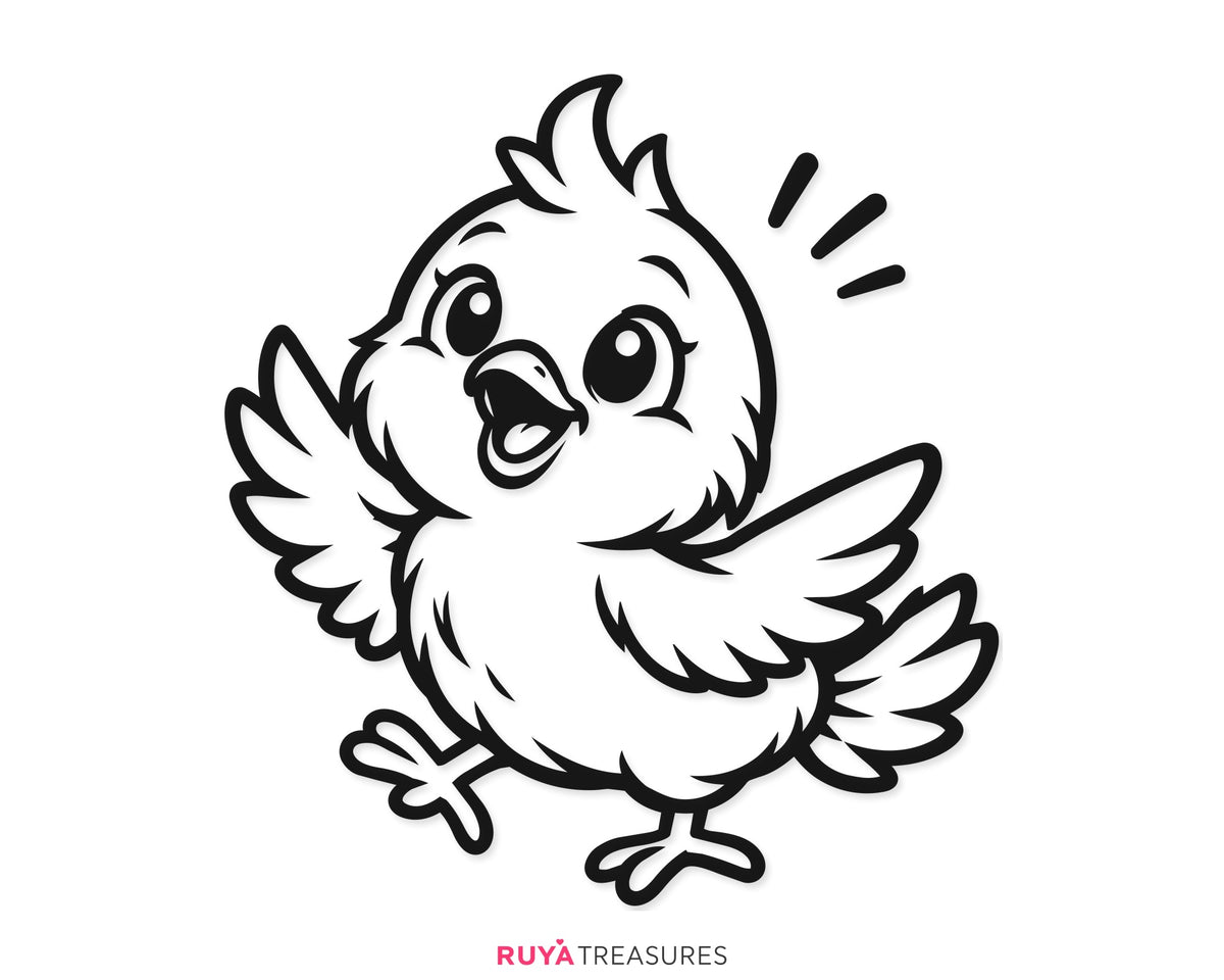 Playful baby chick SVG PNG featuring a cute smiling chick with raised wings, fluffy feathers, big eyes, and a cheerful pose for shirts, decals, printables, and crafts.