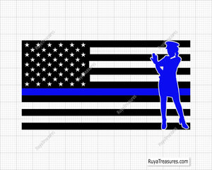 Women police officer USA flag SVG with a thin blue line, perfect for law enforcement support designs