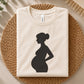 Minimalist side-view silhouette of an expectant mother with a large baby bump, smooth flowing contours and a clean solid black silhouette for craft projects.
