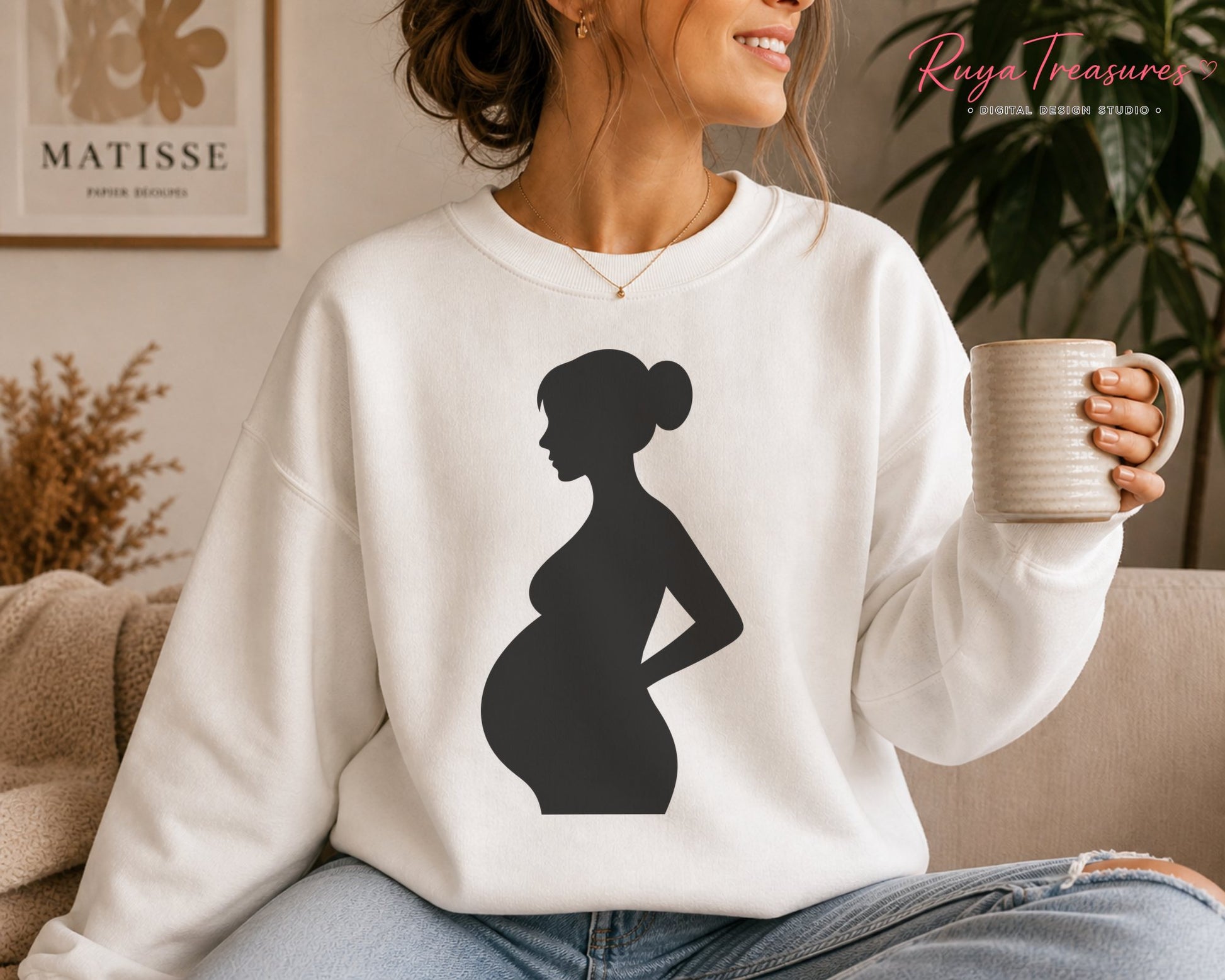 Minimalist side-view silhouette of an expectant mother with a large baby bump, smooth flowing contours and a clean solid black silhouette for craft projects.