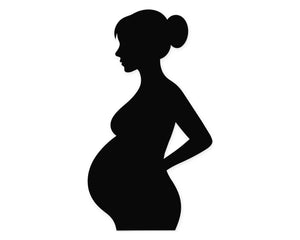 Minimalist side-view silhouette of an expectant mother with a large baby bump, smooth flowing contours and a clean solid black silhouette for craft projects.