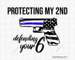 Protecting My 2nd Blue Line SVG design featuring a USA flag with a blue line and pro-gun rights elements.