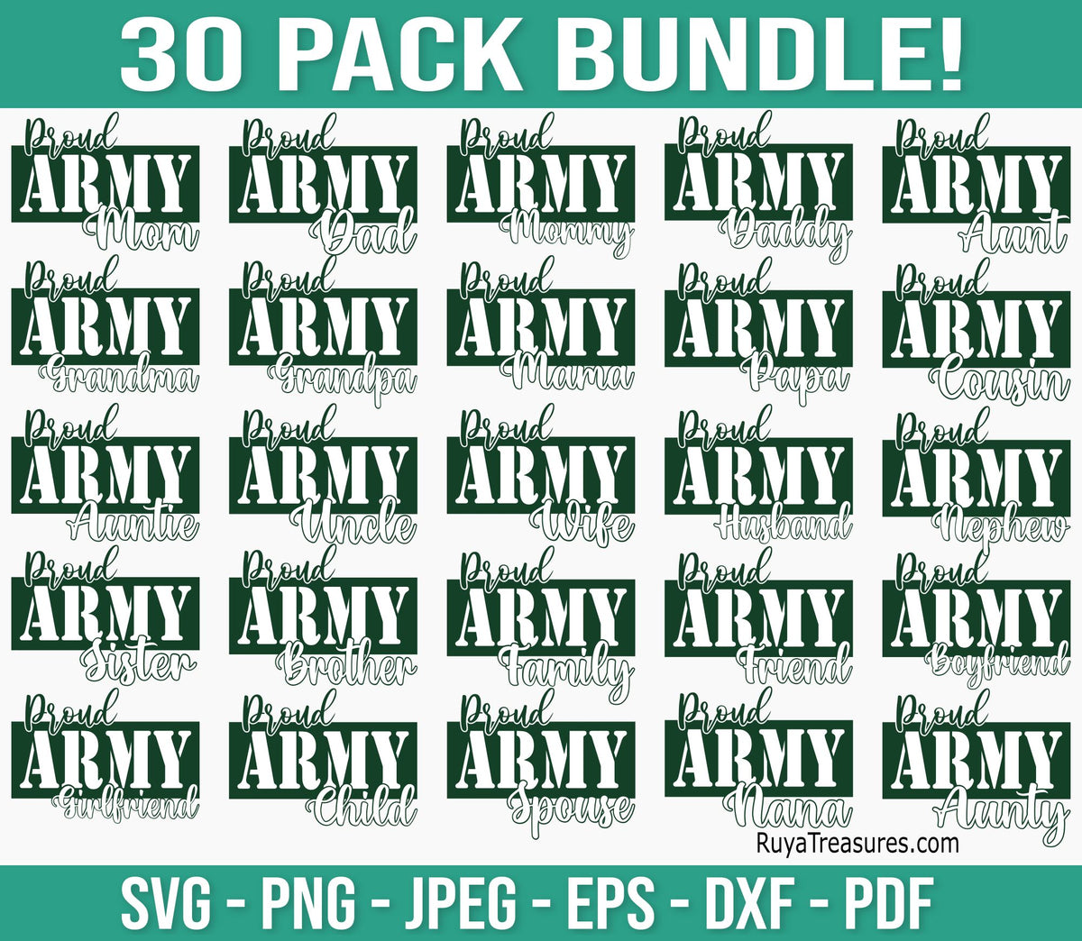 Proud Army family bundle design featuring military mom, dad, aunt, uncle, grandma, grandpa and more in green typography style