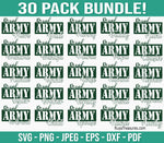 Proud Army family bundle design featuring military mom, dad, aunt, uncle, grandma, grandpa and more in green typography style