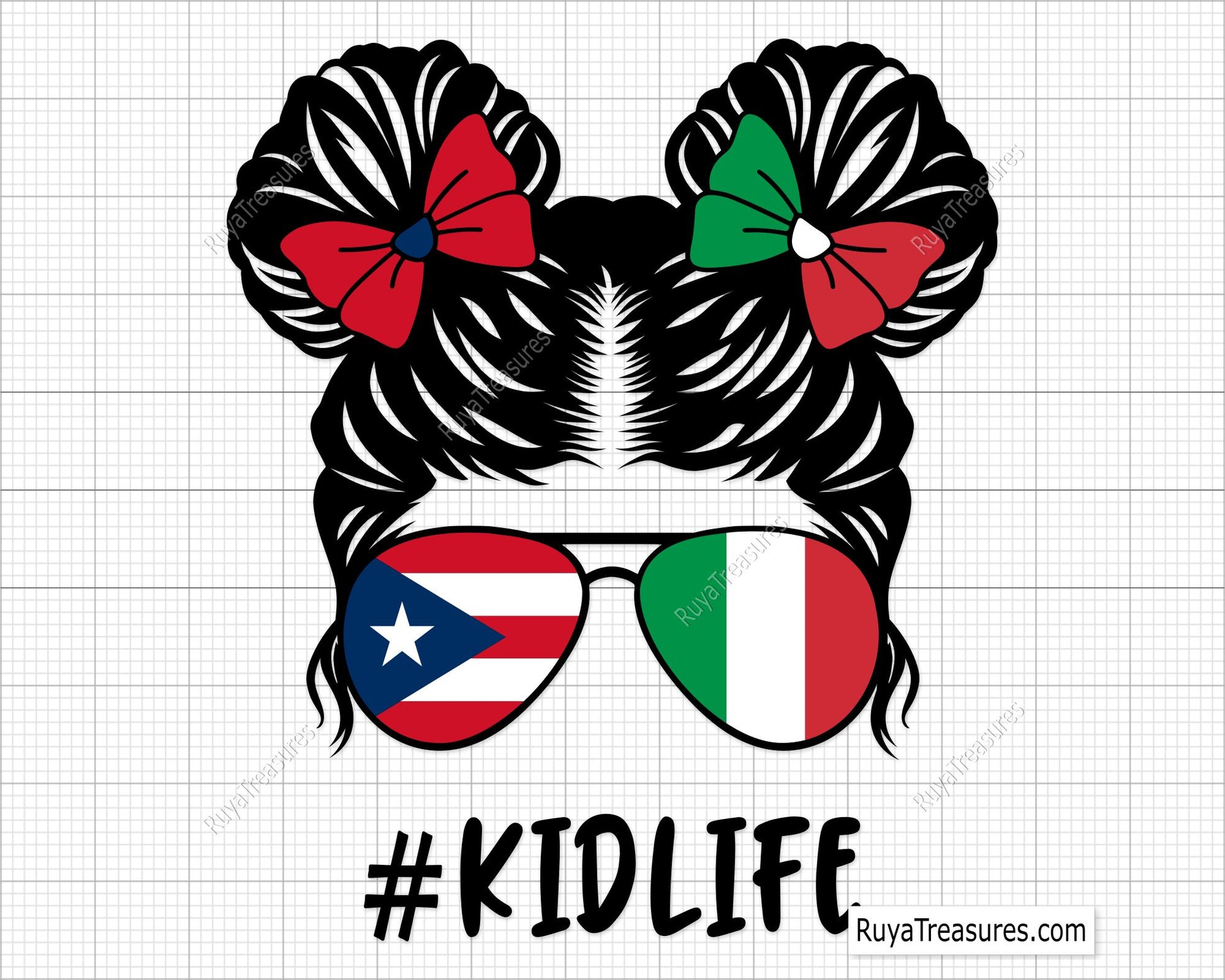 puerto rico italy kidlife girl svg messy bun with flag sunglasses and bows for shirts gifts and custom designs