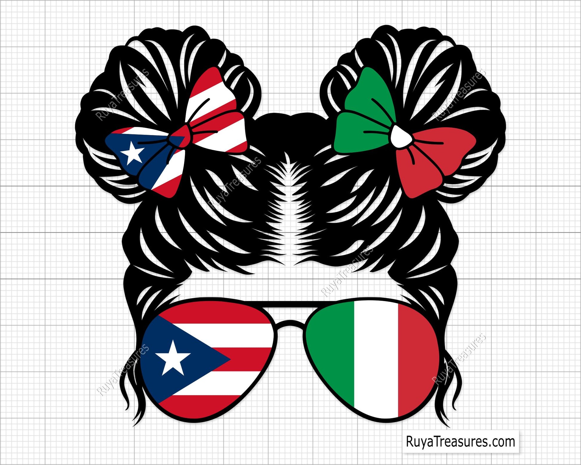 puerto rico italy kidlife girl svg messy bun with flag sunglasses and bows for shirts gifts and custom designs