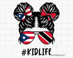 puerto rico trinidad kidlife girl svg messy bun with flag sunglasses and bows for shirts gifts and custom designs
