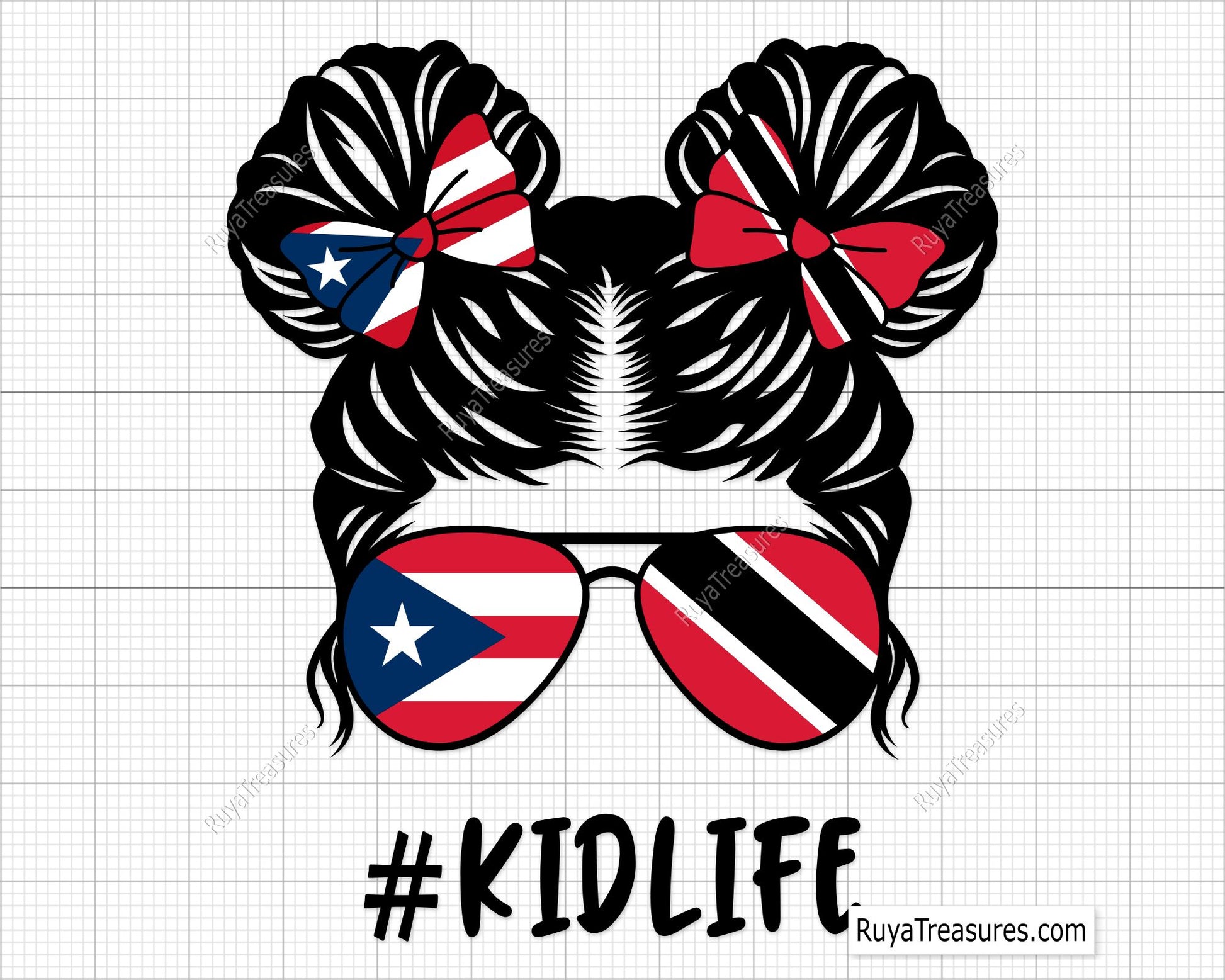 puerto rico trinidad kidlife girl svg messy bun with flag sunglasses and bows for shirts gifts and custom designs