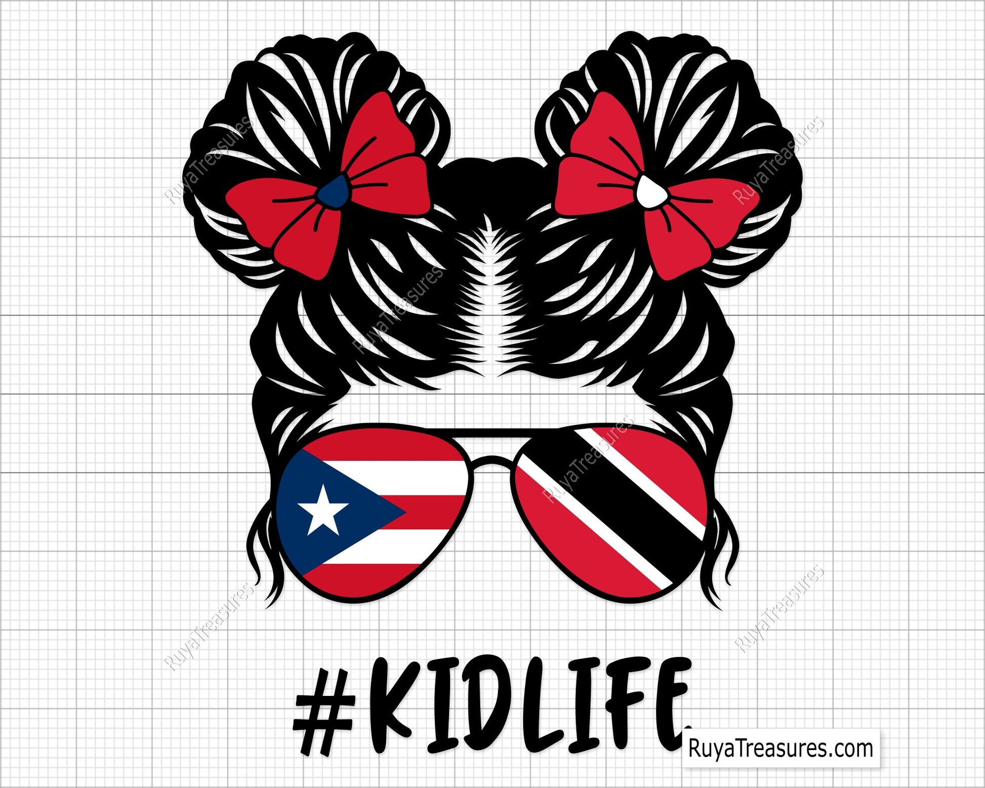 puerto rico trinidad kidlife girl svg messy bun with flag sunglasses and bows for shirts gifts and custom designs