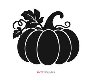 Pumpkin silhouette SVG PNG featuring a bold black pumpkin with curved sections, curling vine, and leafy accents for fall shirts, decals, printables, and crafts.