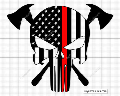 firefighter skull usa flag thin red line with crossed axes design for shirts decals and gifts