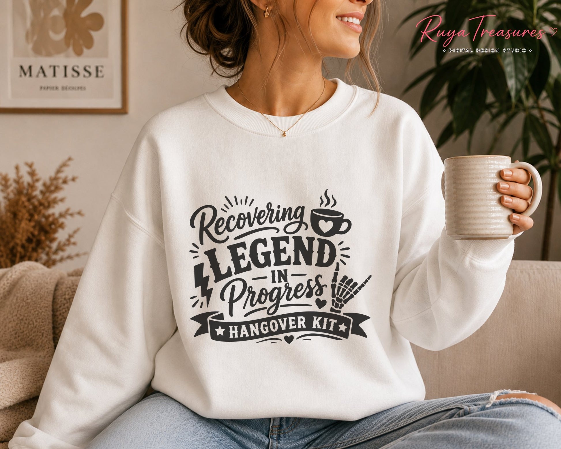 Funny hangover quote design with stacked bold lettering, steaming coffee cup, skeleton hand gesture, ribbon banner and playful decorative accents.